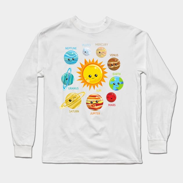 Cute Planets, Solar System, Space, Cosmos, Galaxy Long Sleeve T-Shirt by Jelena Dunčević